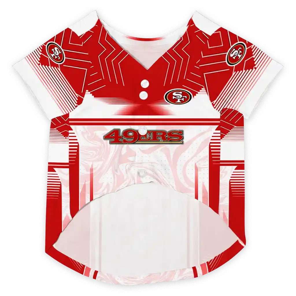 customized-san-francisco-49ers-hexagon-burst-red-white-pet-jersey-fashion-forward.webp