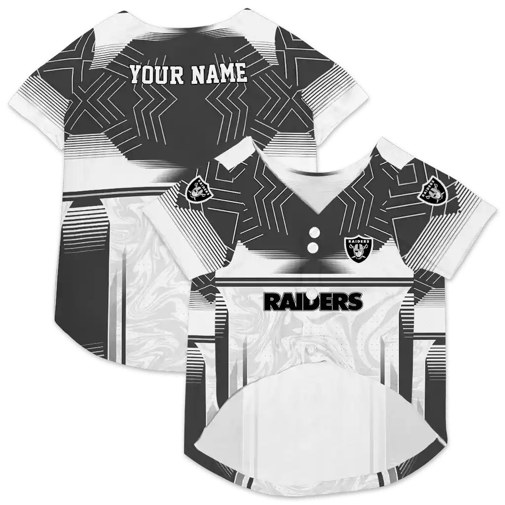 personalized-las-vegas-raiders-hexagon-burst-black-white-pet-jersey-high-quality.webp