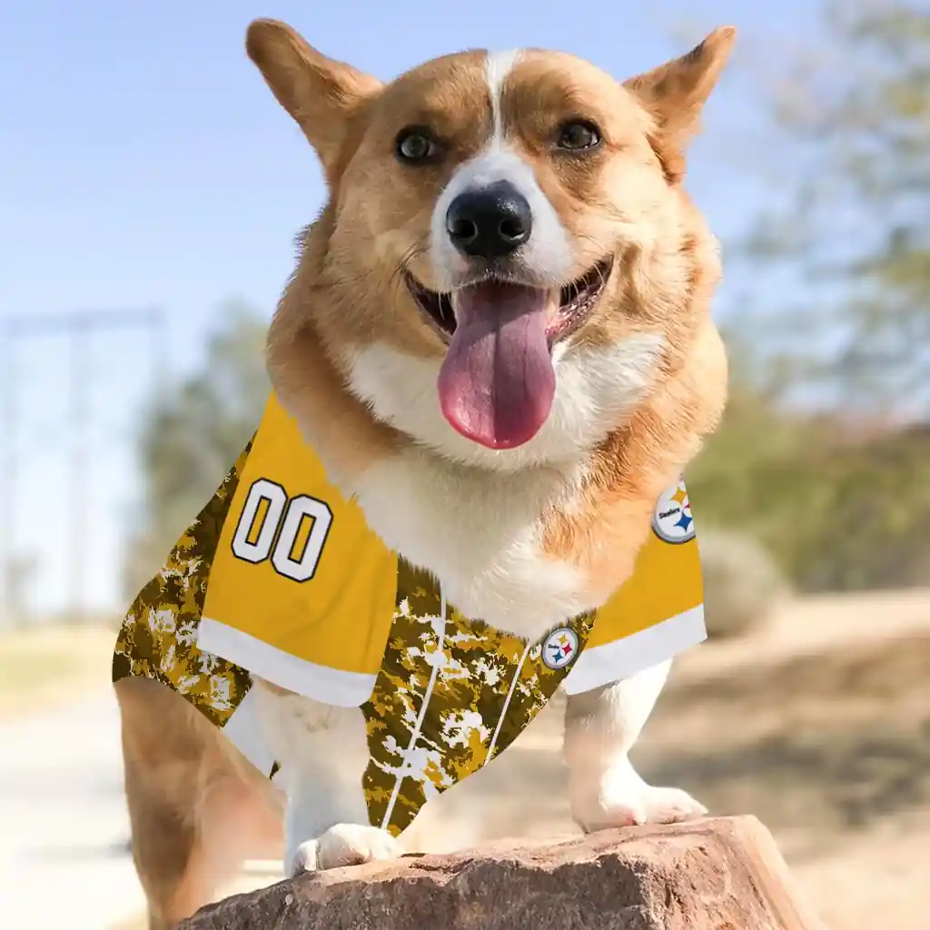 personalized-pittsburgh-steelers-daring-camo-gold-pet-jersey-top-rated.webp